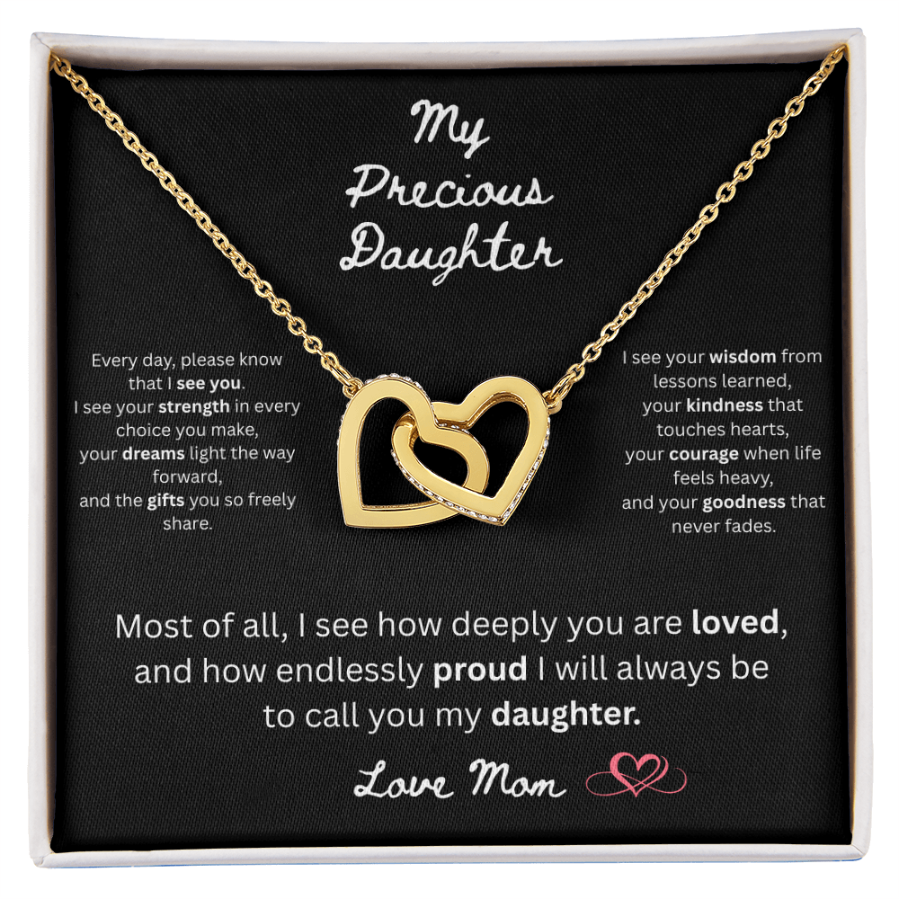 To My Precious Daughter – "Interlock Heart Pendant Necklace with Message Card”