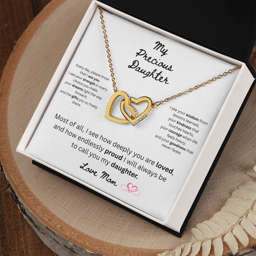 To My Precious Daughter – "Interlock Heart Pendant Necklace with Message Card”