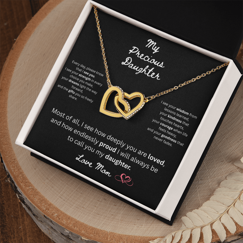 To My Precious Daughter – "Interlock Heart Pendant Necklace with Message Card”