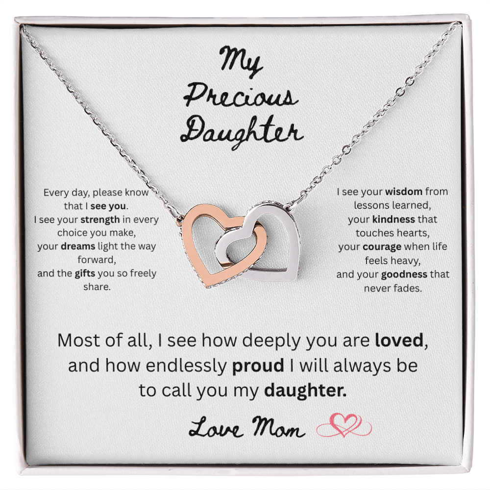 To My Precious Daughter – "Interlock Heart Pendant Necklace with Message Card”