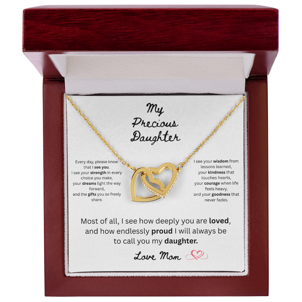 To My Precious Daughter – "Interlock Heart Pendant Necklace with Message Card”