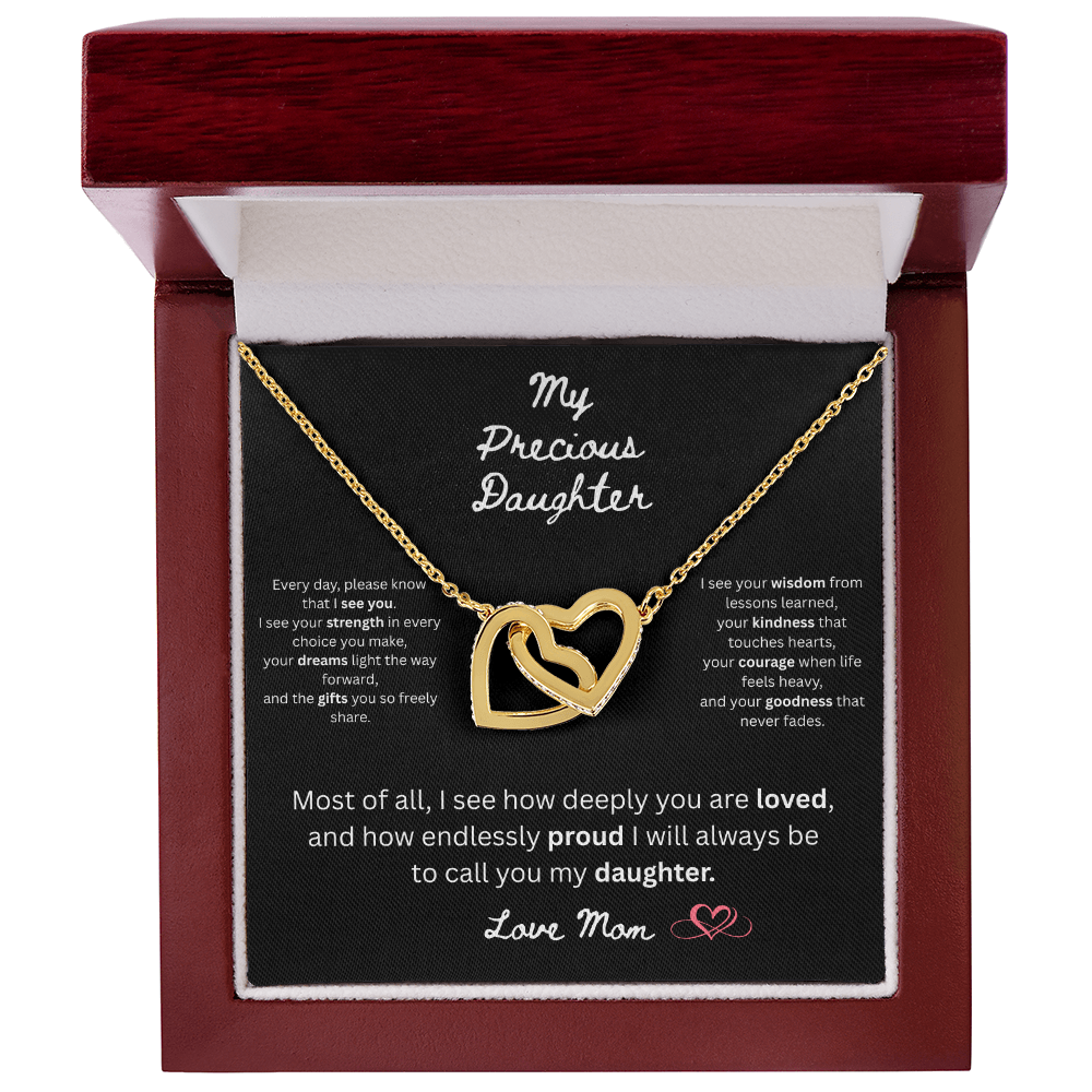 To My Precious Daughter – "Interlock Heart Pendant Necklace with Message Card”