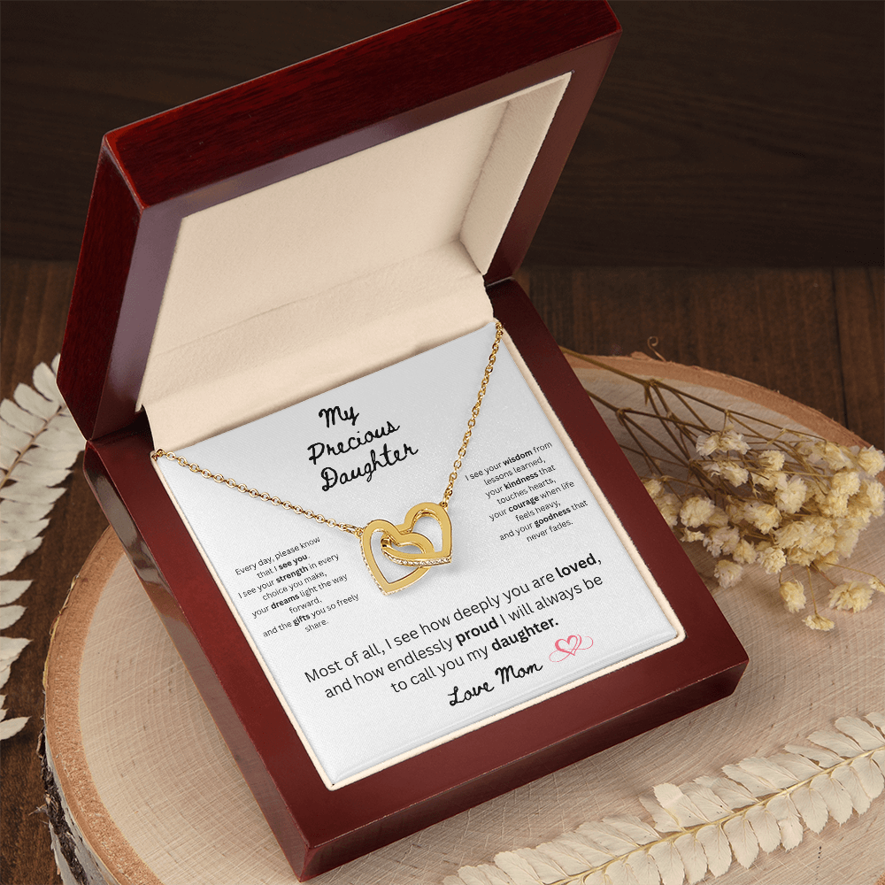 To My Precious Daughter – "Interlock Heart Pendant Necklace with Message Card”