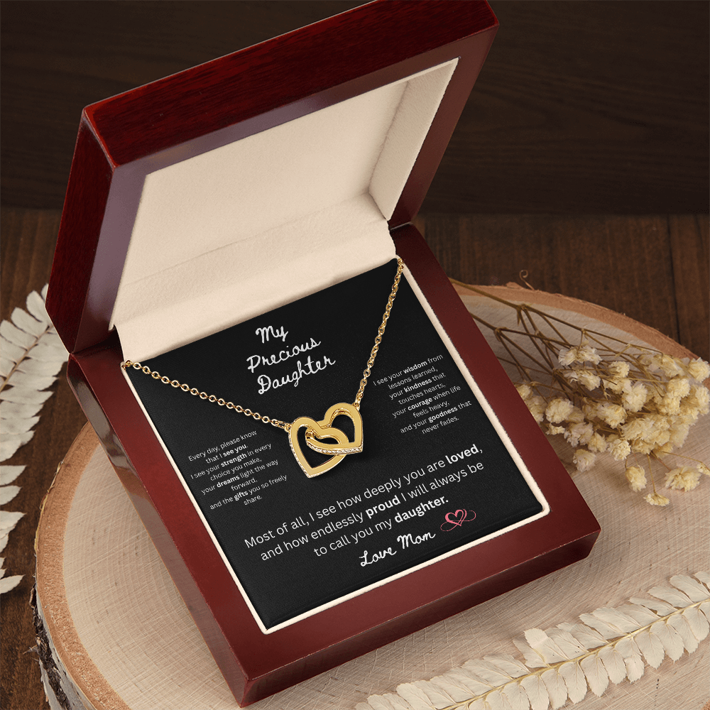 To My Precious Daughter – "Interlock Heart Pendant Necklace with Message Card”