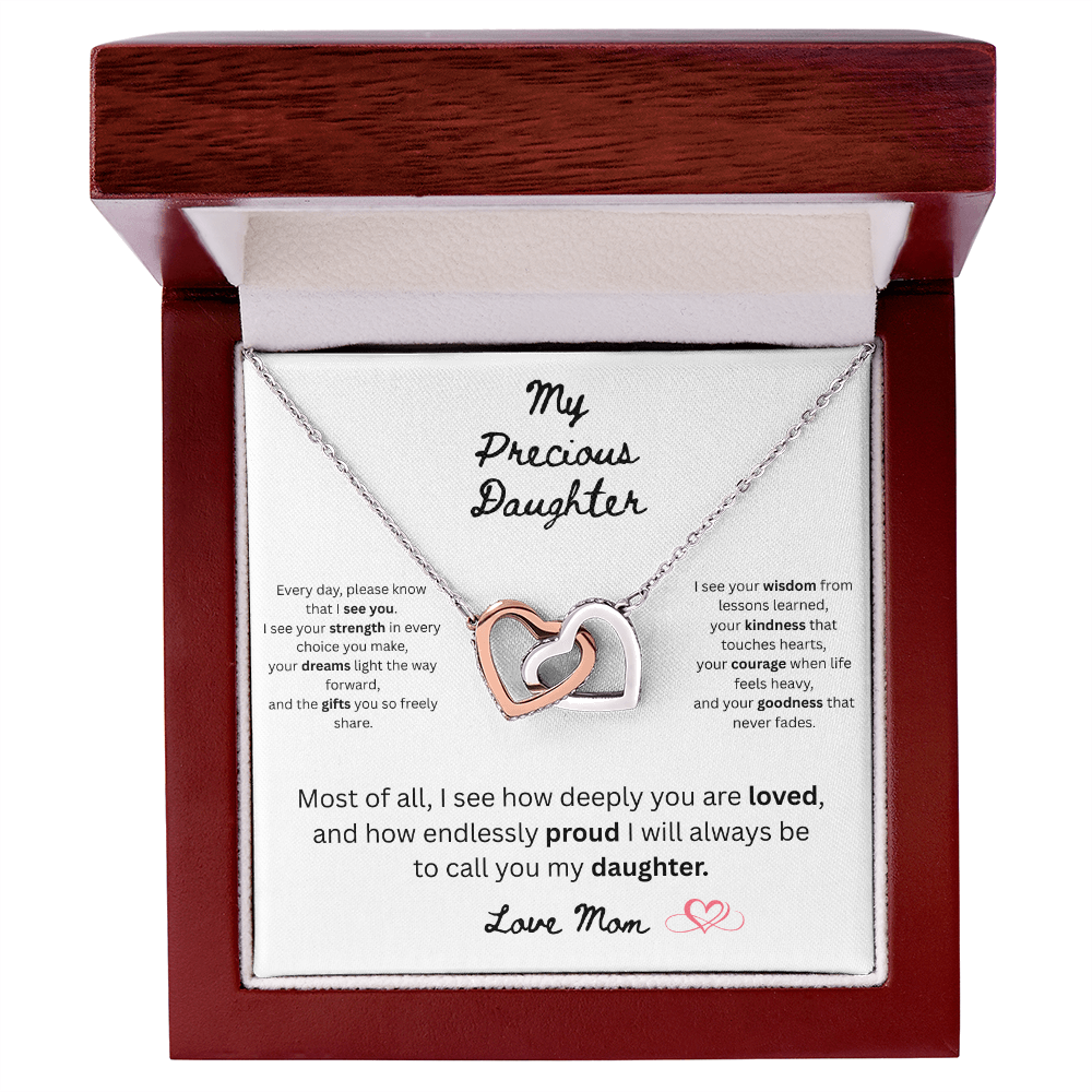 To My Precious Daughter – "Interlock Heart Pendant Necklace with Message Card”