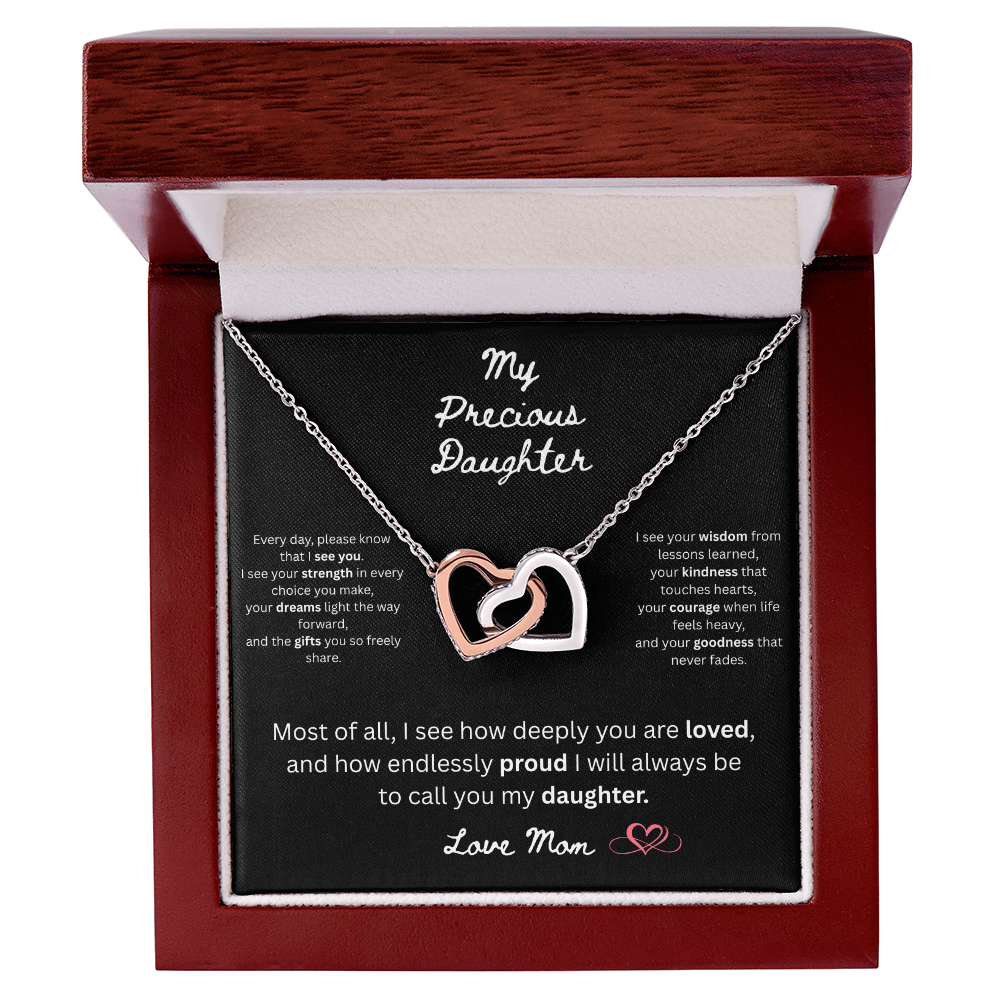 To My Precious Daughter – "Interlock Heart Pendant Necklace with Message Card”