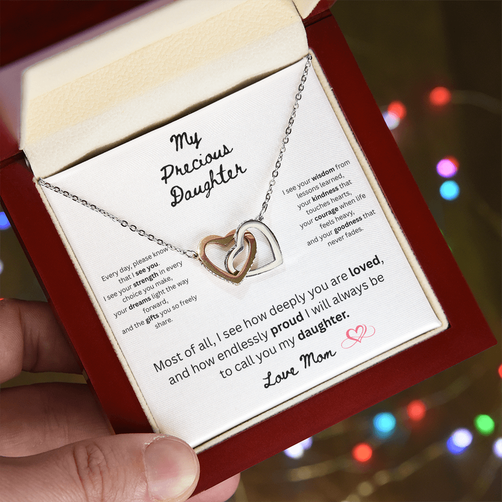 To My Precious Daughter – "Interlock Heart Pendant Necklace with Message Card”