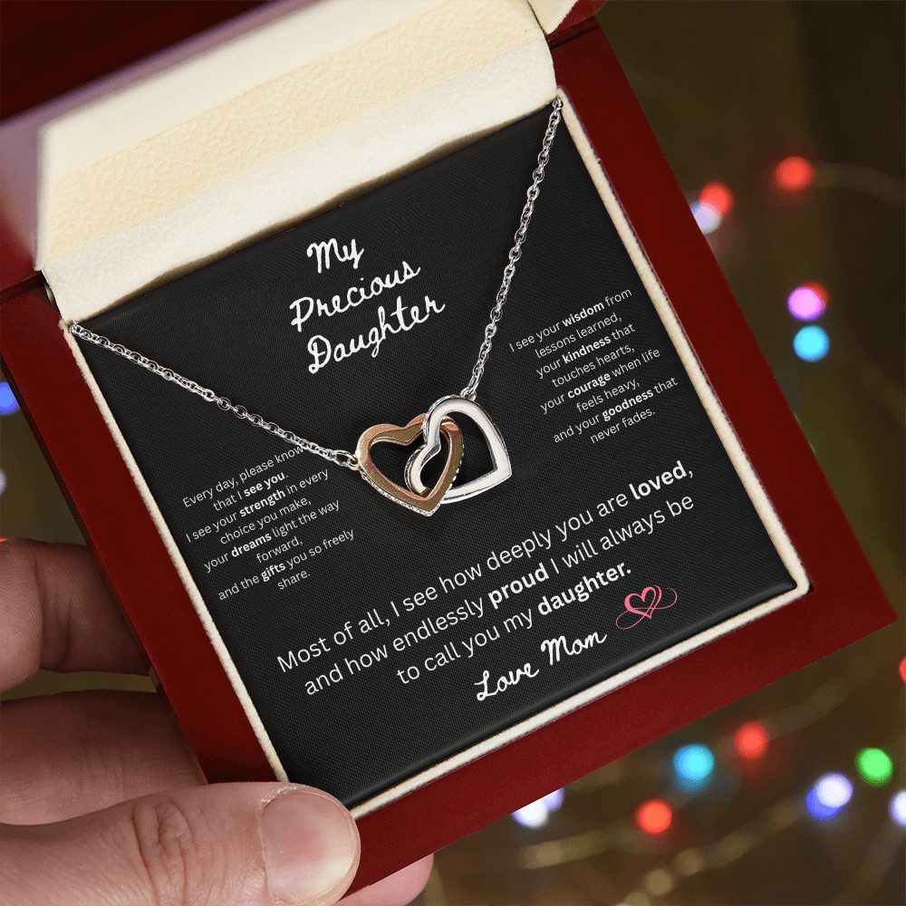 To My Precious Daughter – "Interlock Heart Pendant Necklace with Message Card”