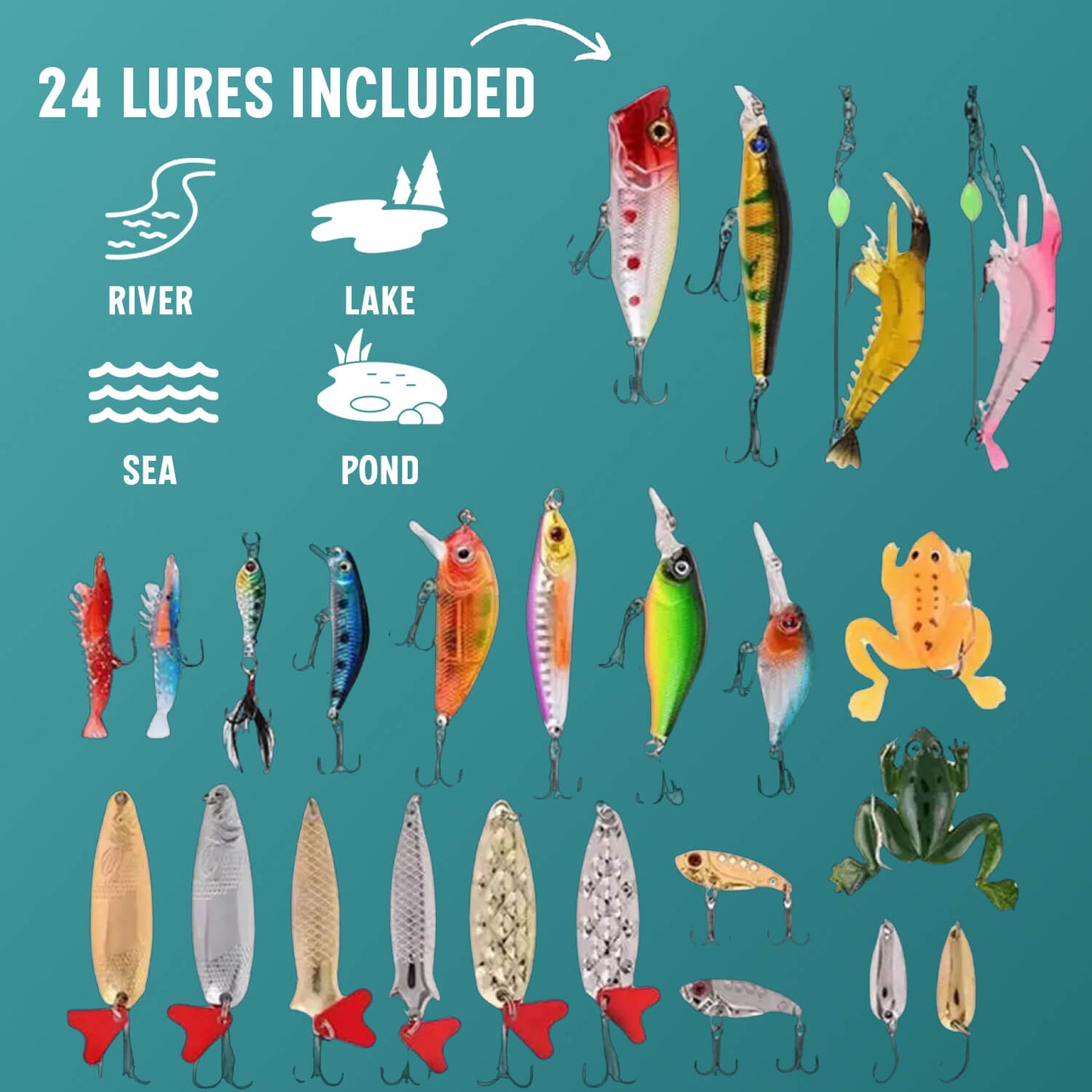 Assorted fishing lures from Fishing Lure Advent Calendar – variety of colors and styles