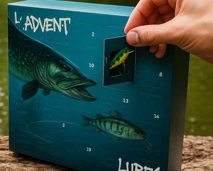 Advent calendar with fish illustrations and a hand opening a door.