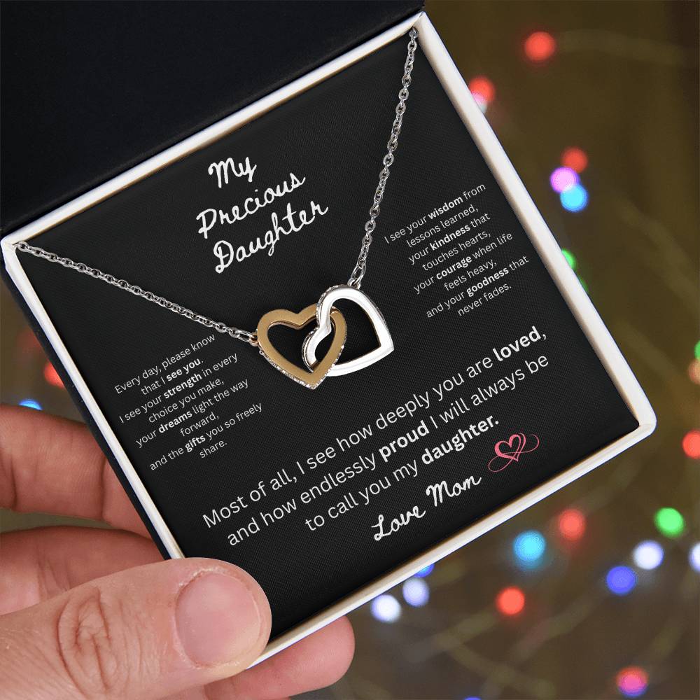 To My Precious Daughter – "Interlock Heart Pendant Necklace with Message Card”
