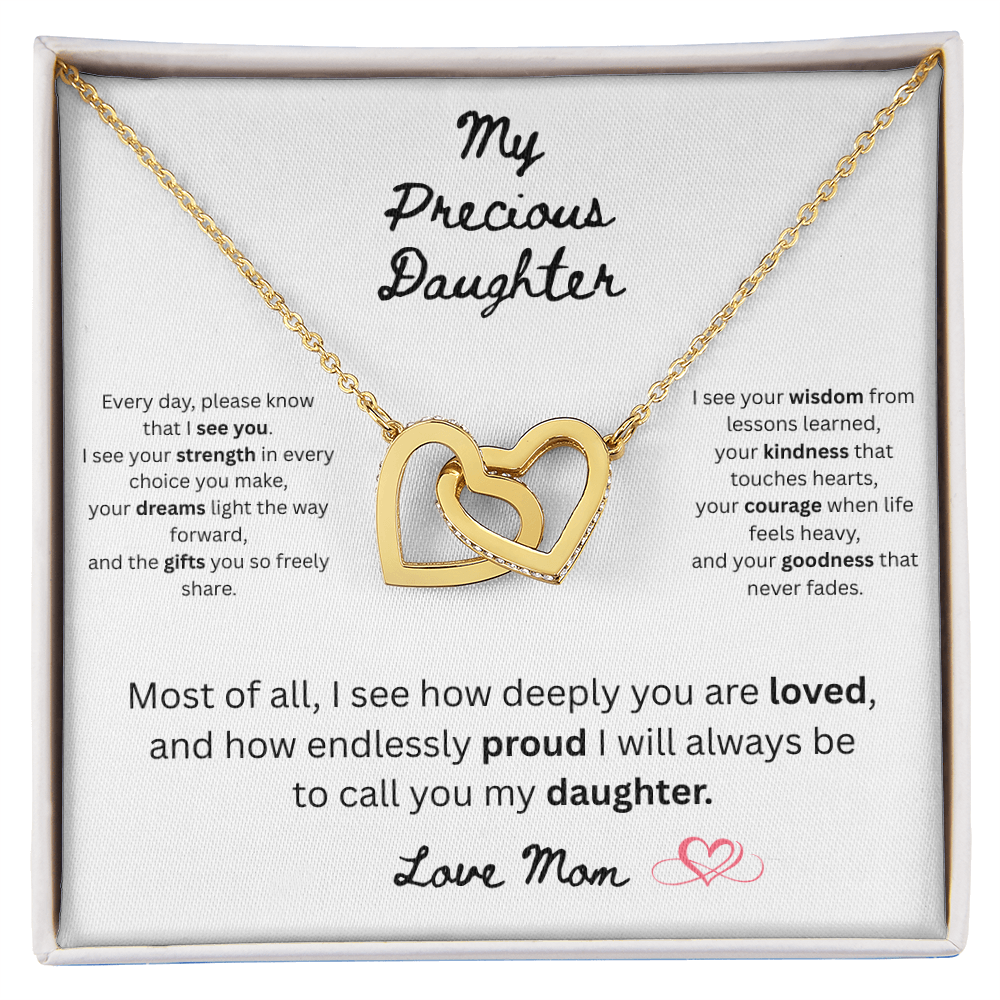 To My Precious Daughter – "Interlock Heart Pendant Necklace with Message Card”