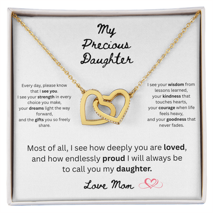 To My Precious Daughter – "Interlock Heart Pendant Necklace with Message Card”