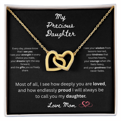 To My Precious Daughter – "Interlock Heart Pendant Necklace with Message Card”