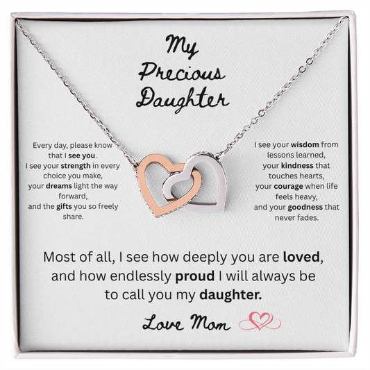 To My Precious Daughter – "Interlock Heart Pendant Necklace with Message Card”