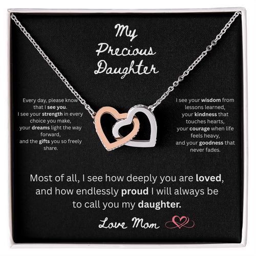 To My Precious Daughter – "Interlock Heart Pendant Necklace with Message Card”