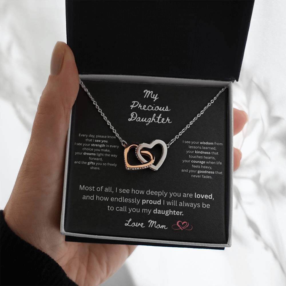 To My Precious Daughter – "Interlock Heart Pendant Necklace with Message Card”