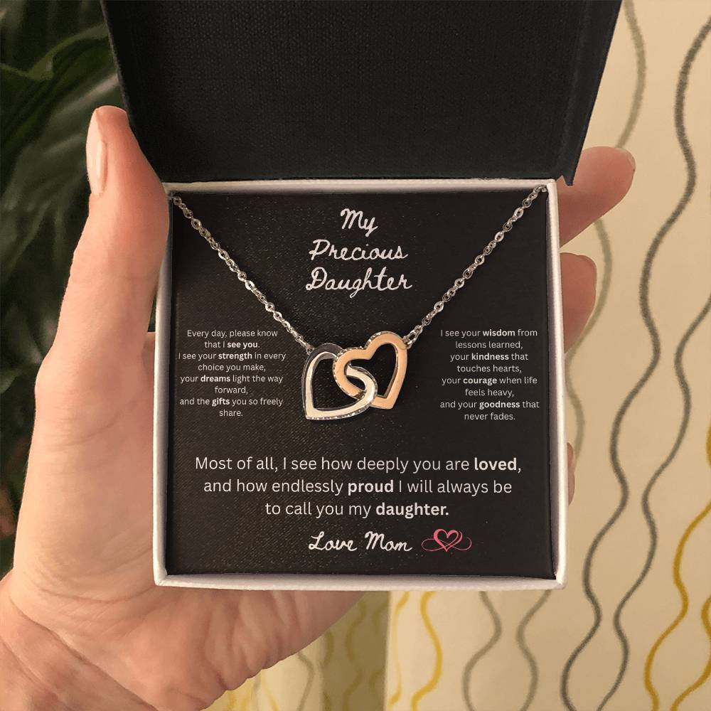 To My Precious Daughter – "Interlock Heart Pendant Necklace with Message Card”