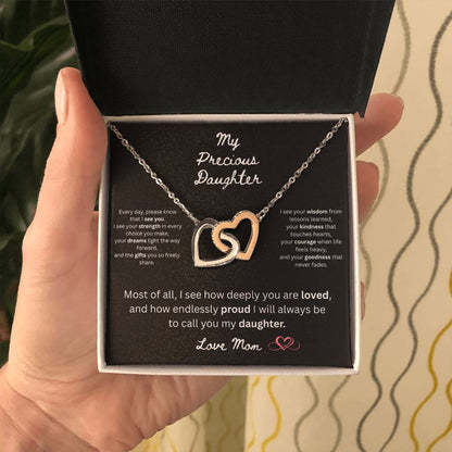 To My Precious Daughter – "Interlock Heart Pendant Necklace with Message Card”