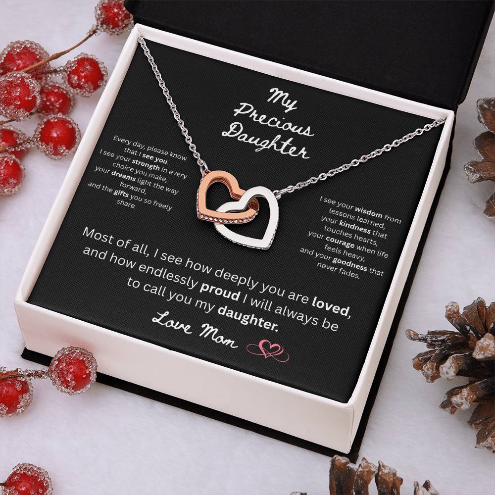To My Precious Daughter – "Interlock Heart Pendant Necklace with Message Card”
