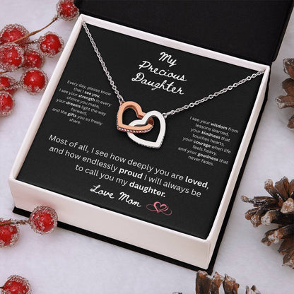 To My Precious Daughter – "Interlock Heart Pendant Necklace with Message Card”