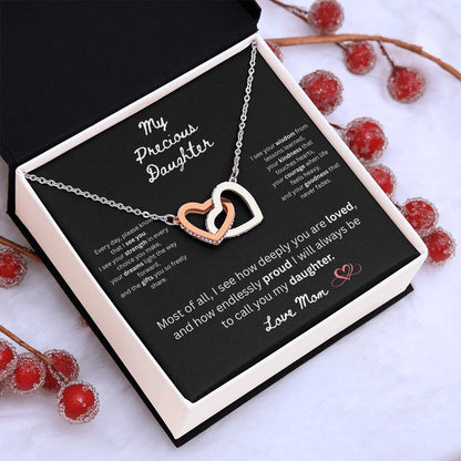 To My Precious Daughter – "Interlock Heart Pendant Necklace with Message Card”