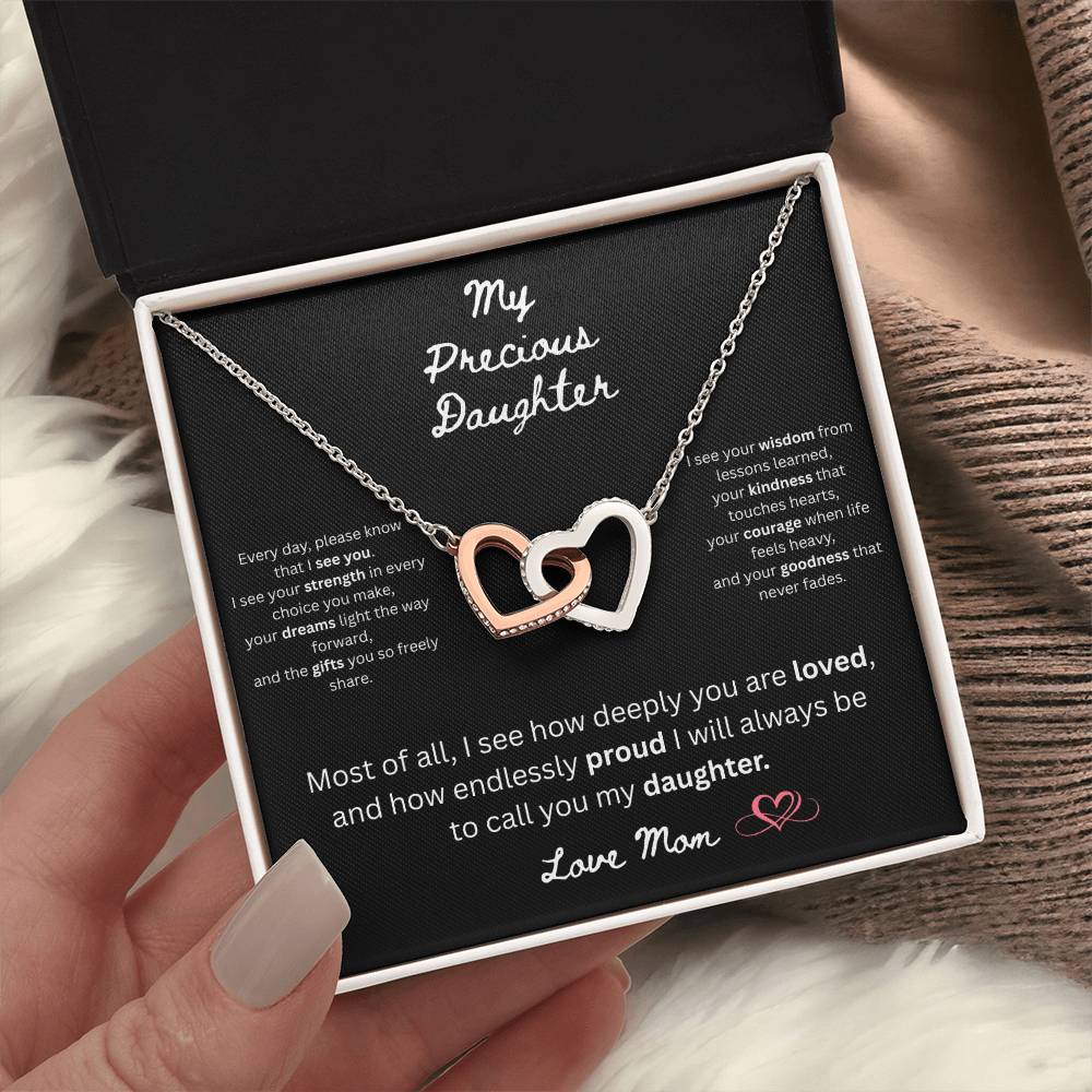 To My Precious Daughter – "Interlock Heart Pendant Necklace with Message Card”