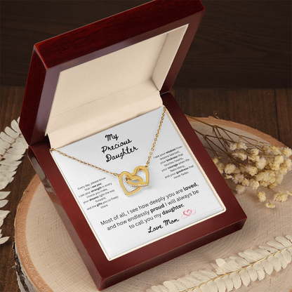 To My Precious Daughter – "Interlock Heart Pendant Necklace with Message Card”