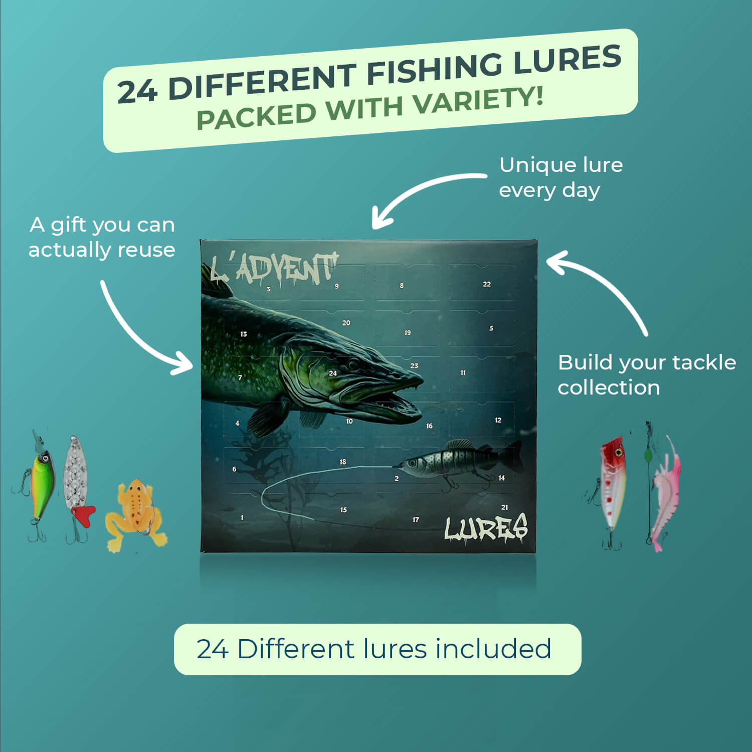Fishing Lure Advent Calendar – 24 Days of Surprise Lures for Fishermen, Perfect Christmas Gift for Dad
